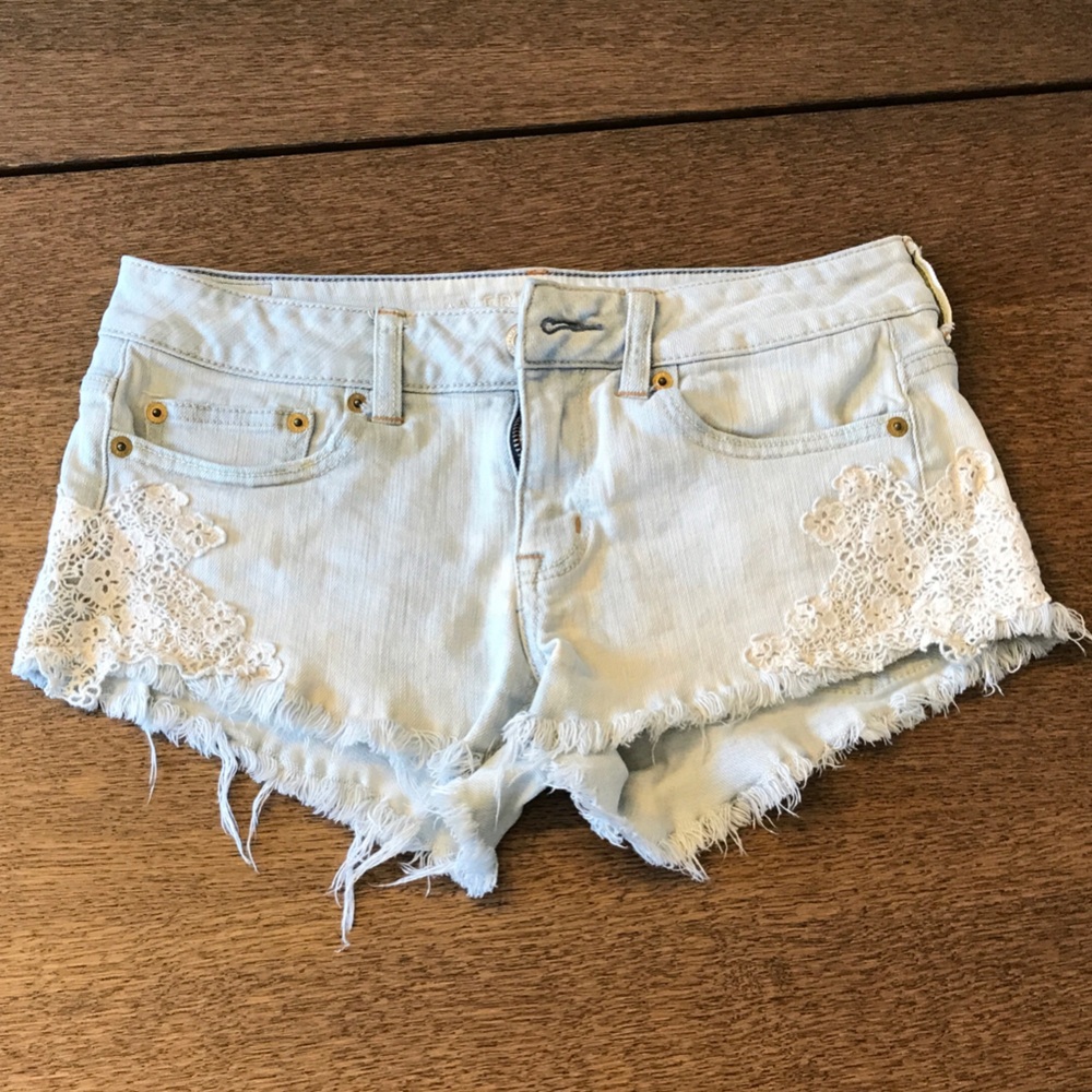 American Eagle Outfitters Light Blue Denim Lace-Trim Shorts